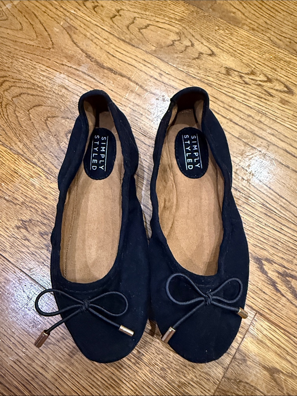 Simply Styled Black Suede-Look Ballet Flats with Bow Accent